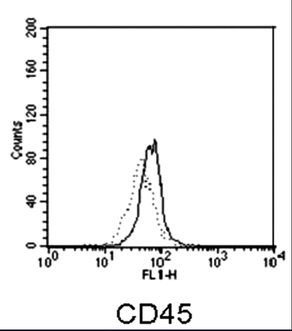 Antigen cell-surface expression in CD45R0+ and CD45RBC+ HPB-ALL sub-clones.CD45R0+ (continuous line) or CD45RBC+ (dotted line) HPB-ALL cells were stained for CD45 as shown and analyzed by FACS. 
Adapted from Dornan et al J Biol Chem. 2002 Jan 18;277(3):1912-8. doi: 10.1074/jbc.M108386200. Epub 2001 Nov 2.
